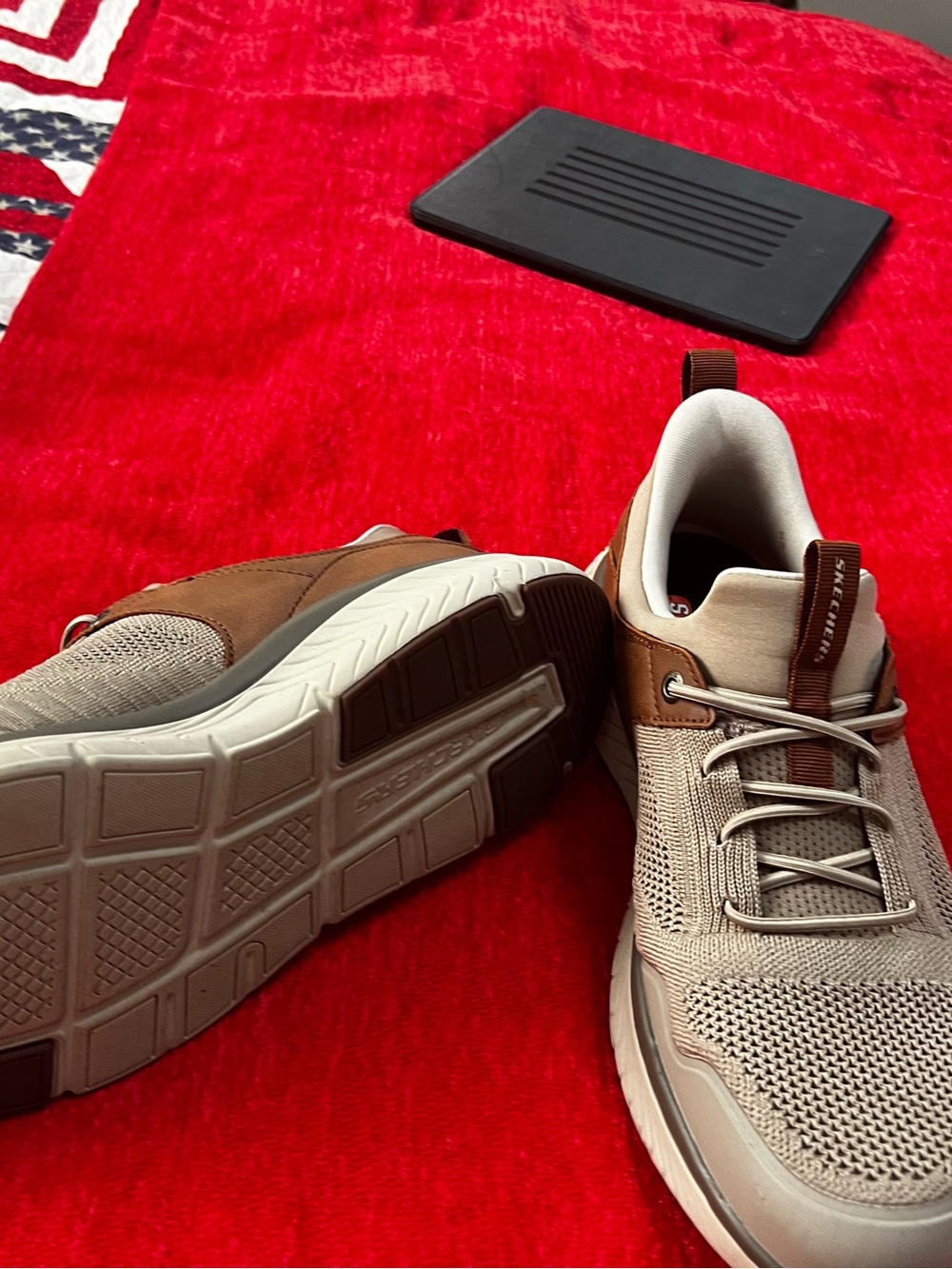 Skechers Men’s Beige Knit Slip-On Sneakers with Brown Accents - Picture 3 of 5